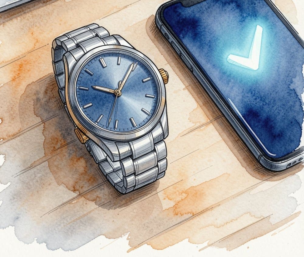 Illustration of a wristwatch beside a smartphone showing a confirmation checkmark
